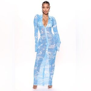 Fashion Nova Mermaid Dream Mesh Maxi Dress - Blue
